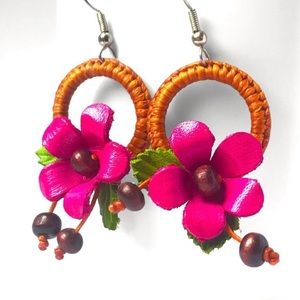 New! Handcrafted Leather Pink Hibiscus Flower boho handmade earrings